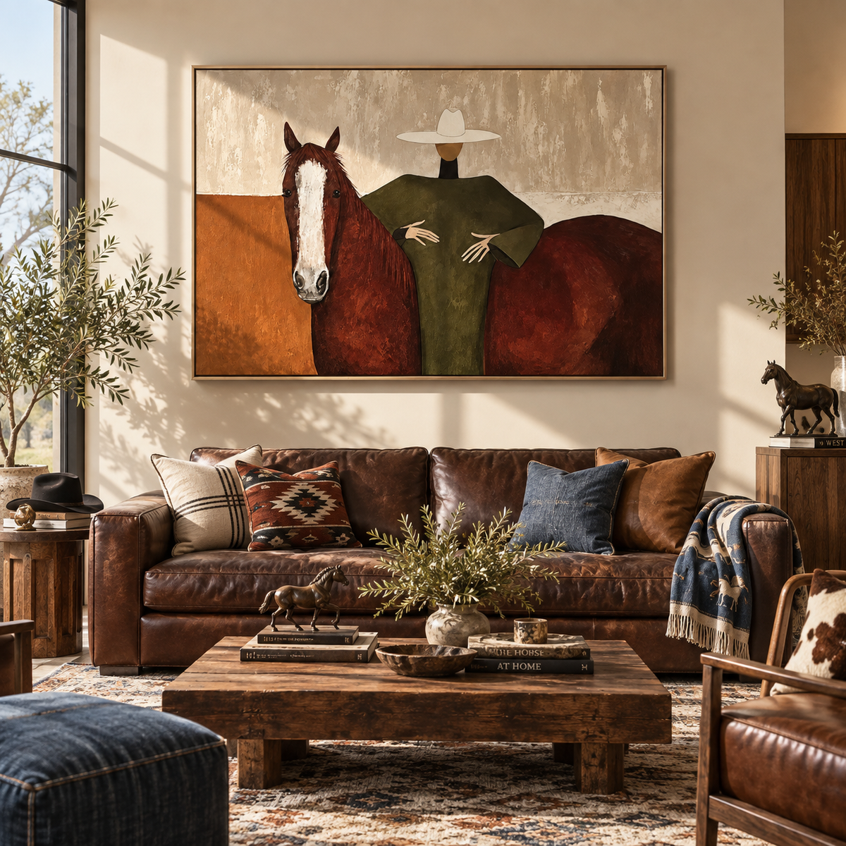 Still Rider in Sage - cowgirl on horse painting shown in modern room setting 5