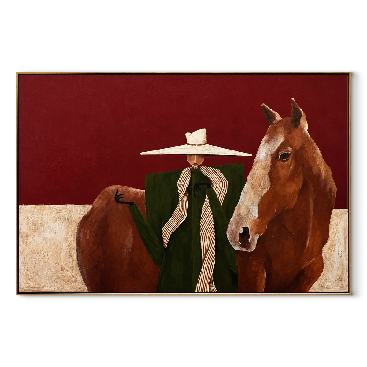Two Brims in Burgundy - cowgirls with horses painting in a wood frame on white