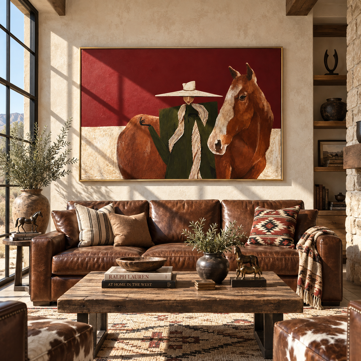 Two Brims in Burgundy - cowgirls with horses painting shown in modern room setting 2