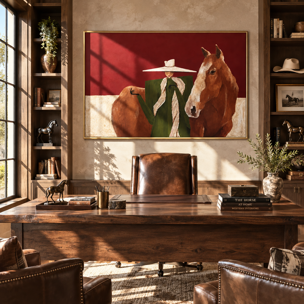 Two Brims in Burgundy - cowgirls with horses painting shown in modern room setting 5