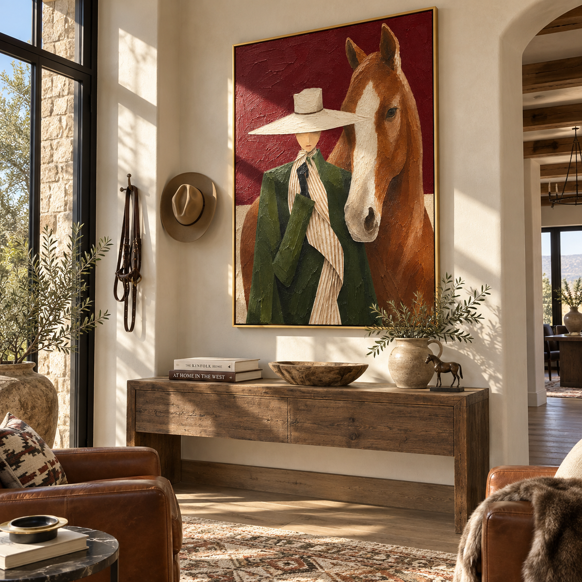 Scarlet Brim Close Company - cowgirl and horse painting displayed in a styled interior