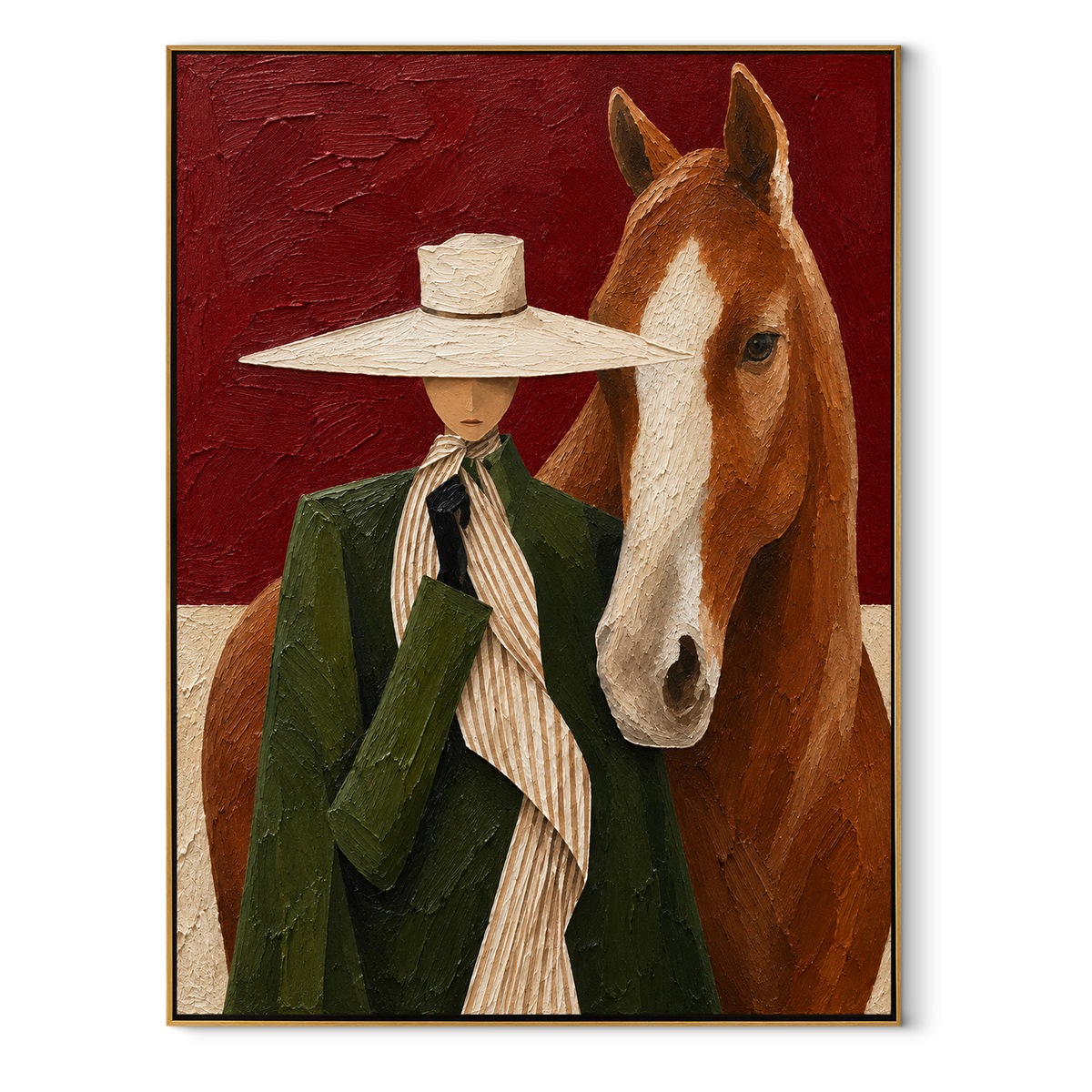 Scarlet Brim Close Company - cowgirl and horse painting in a wood frame on white