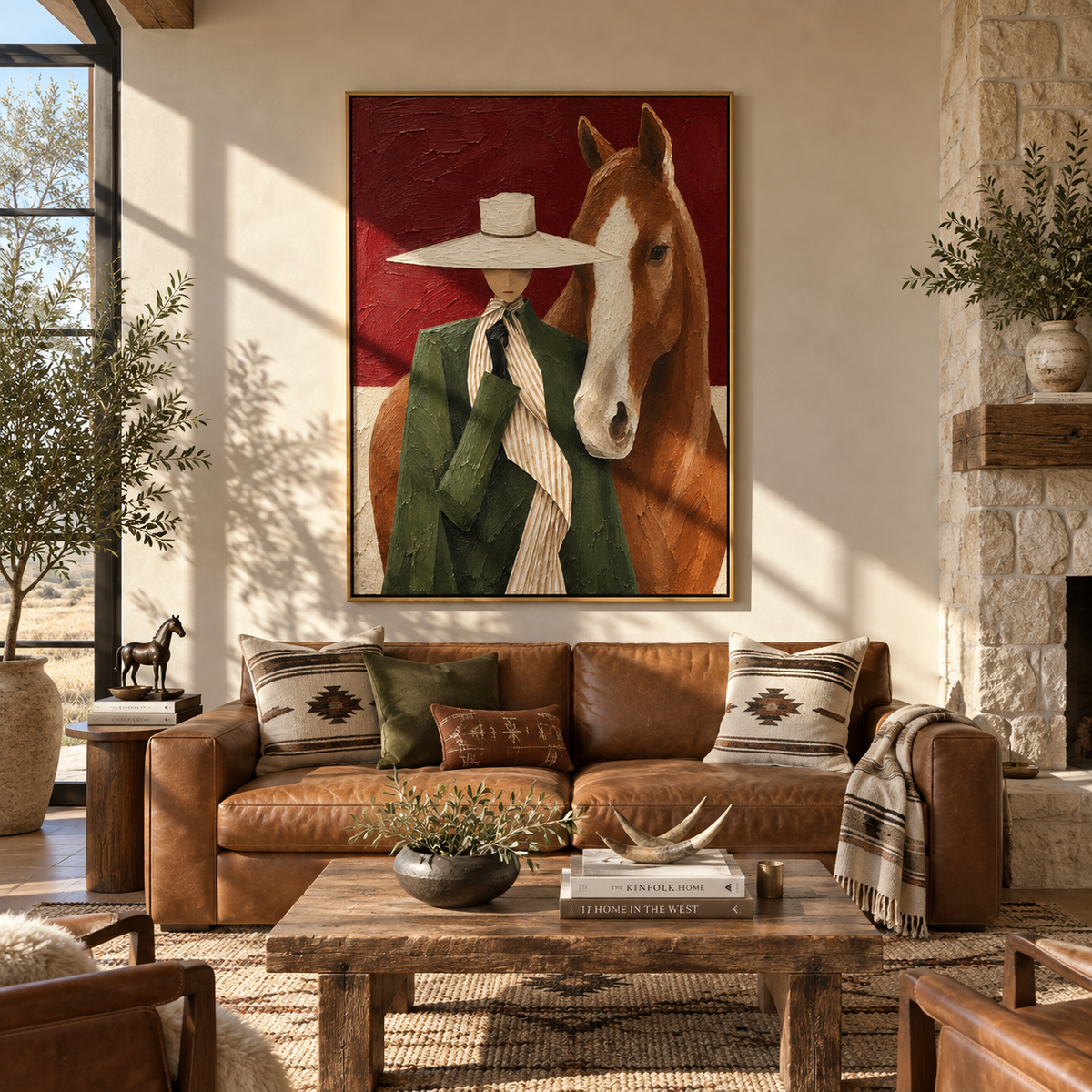 Scarlet Brim Close Company - cowgirl and horse painting shown in modern room setting 2