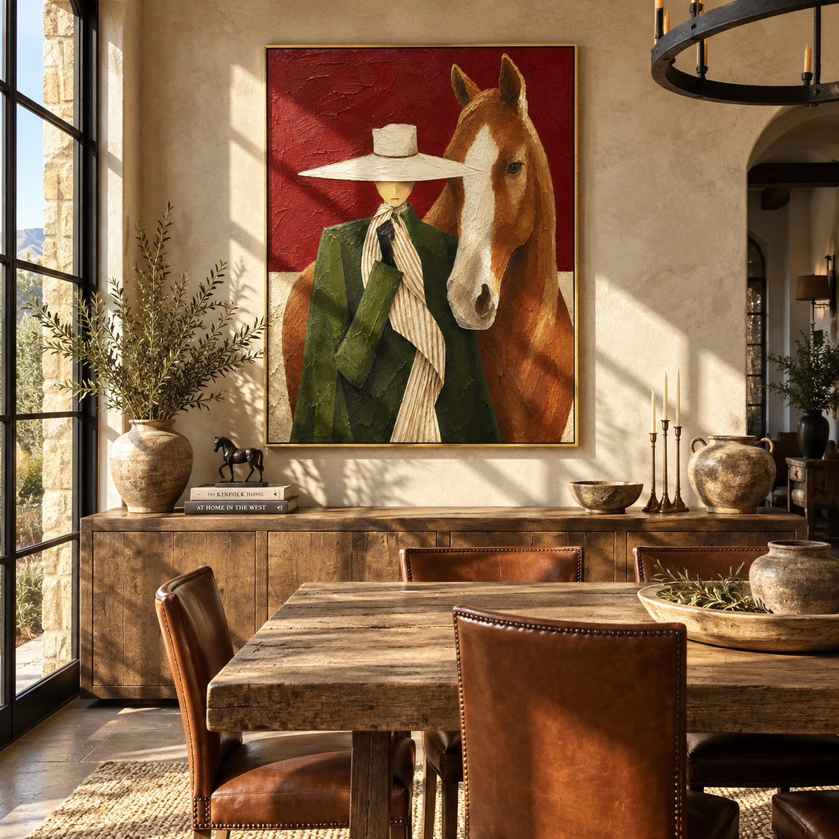 Scarlet Brim Close Company - cowgirl and horse painting shown in modern room setting 4