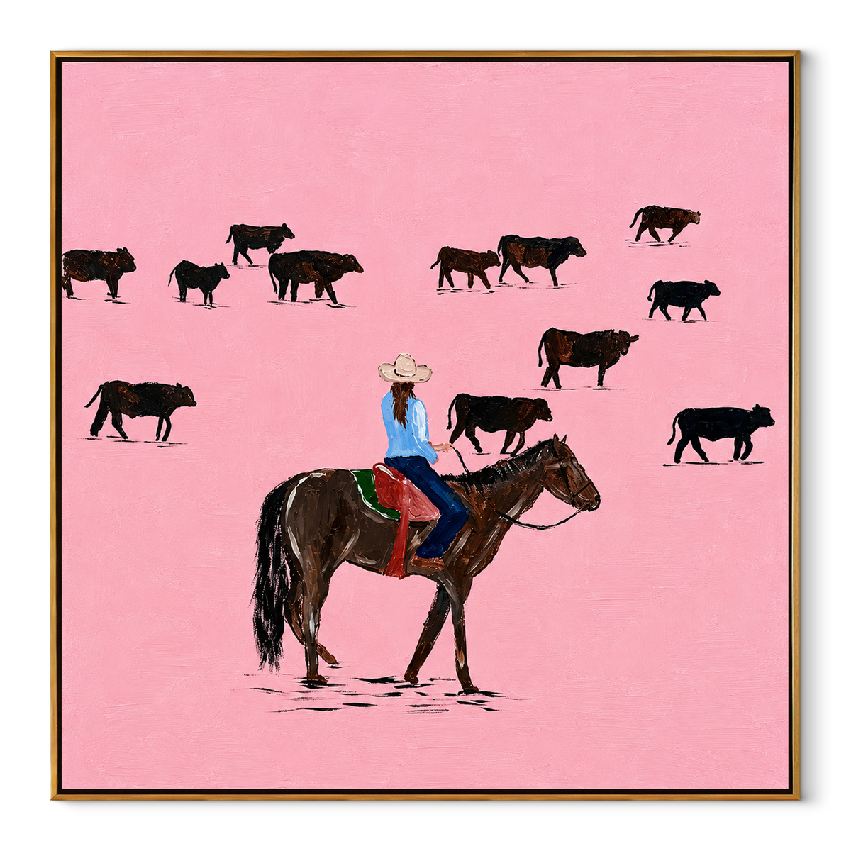 Pink Range Roundup - cowboy herding cattle painting in a wood frame on white