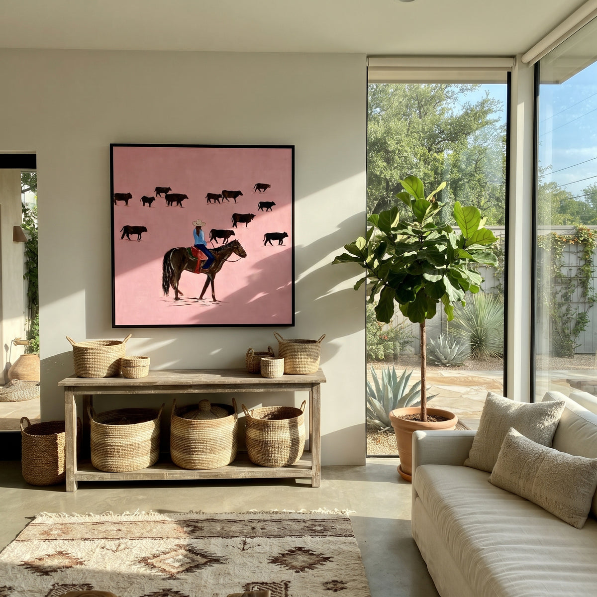 Pink Range Roundup - cowboy herding cattle painting shown in modern room setting 3