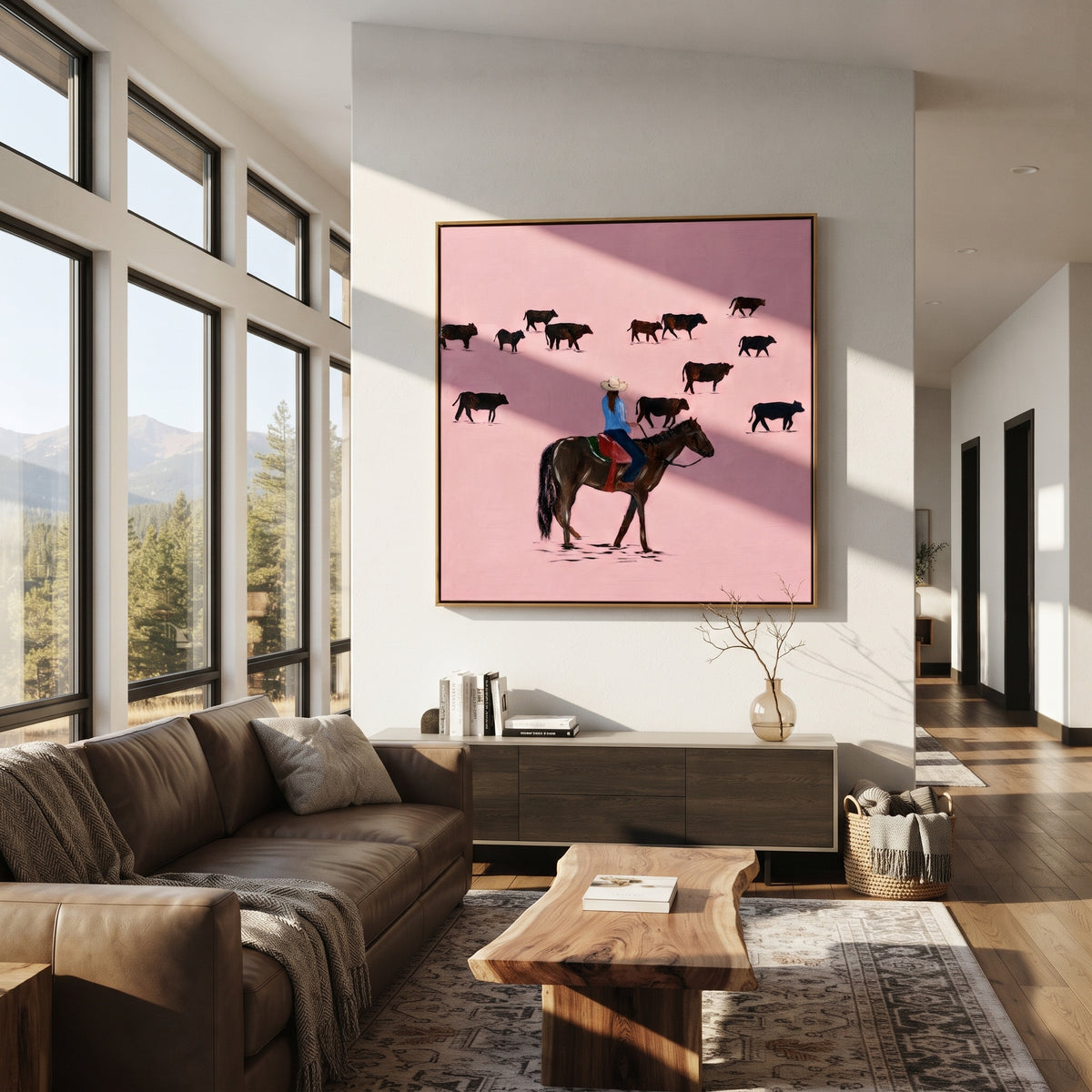 Pink Range Roundup - cowboy herding cattle painting shown in modern room setting 5