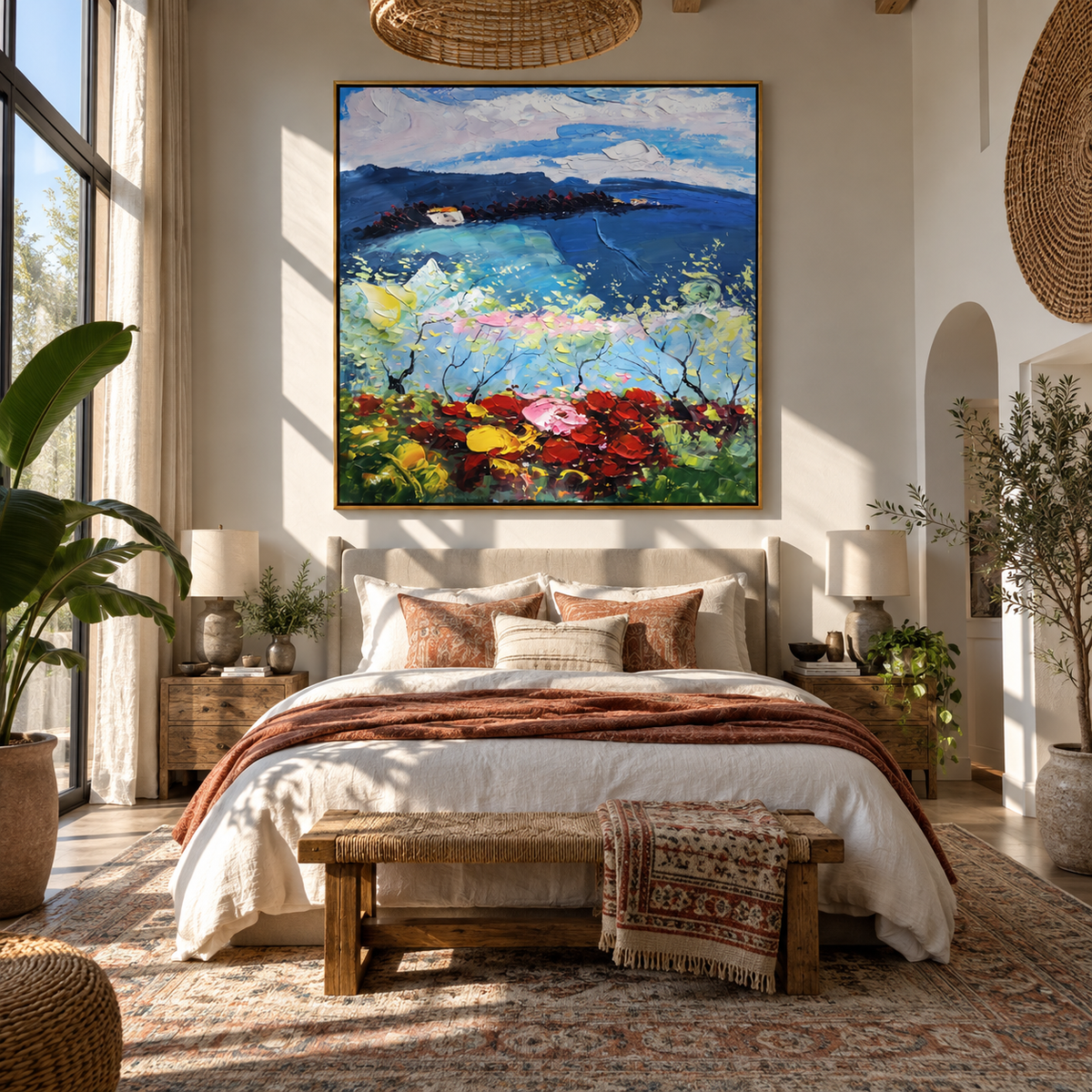 Twilight Blossom Coast – Navy & Pink Coastal Painting | Coastal Living Room Wall Art