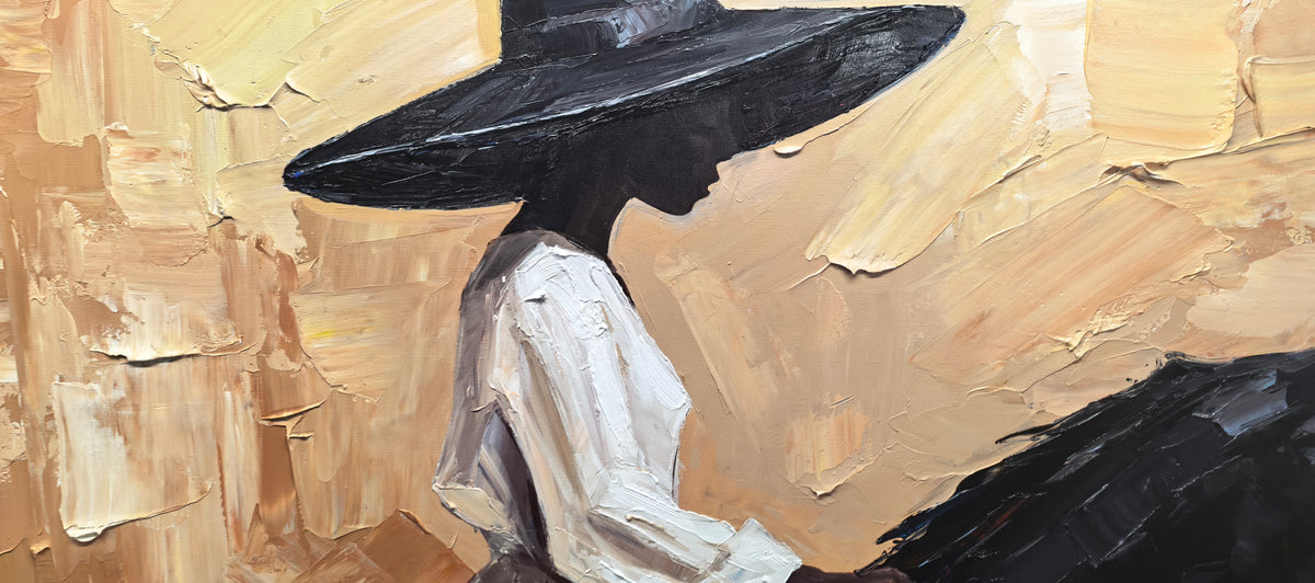 Desert Grace – Vintage Americana Woman in White Dress on Horseback Painting | Rustic Glam Living Room Art