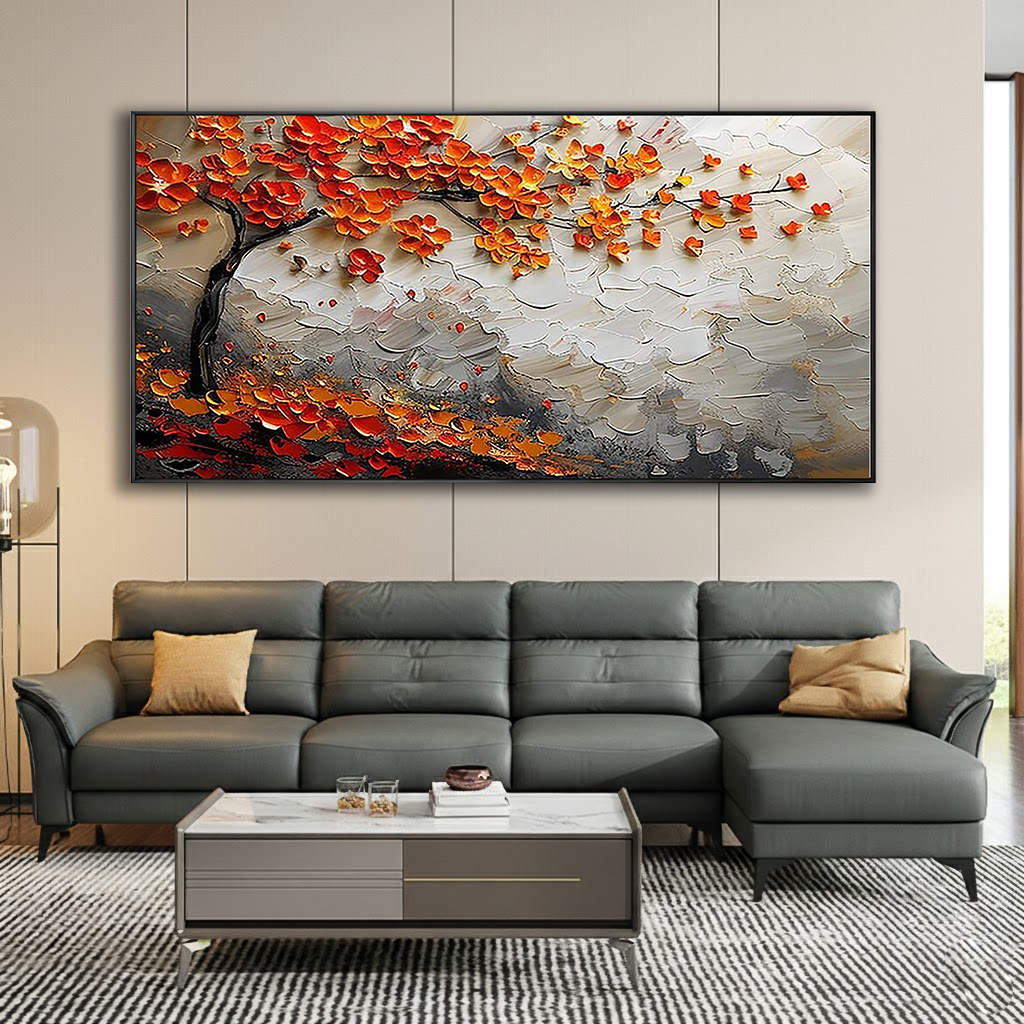Autumn Anthem – Modern Orange and Crimson Blossom Tree Painting | Luxury Textured  Living Room Art