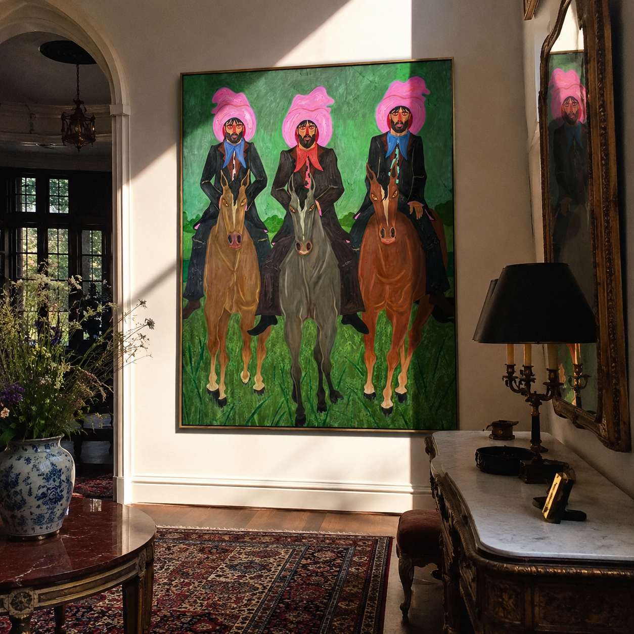 Three Riders Hold Formation styled with warm modern furnishings