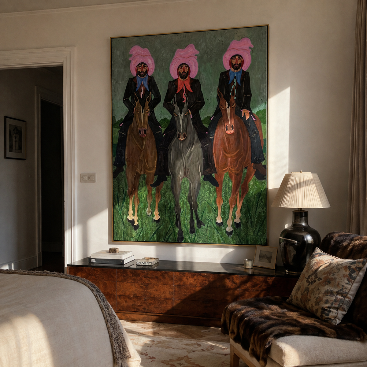 Three Riders Hold Formation presented as a colorful interior focal point
