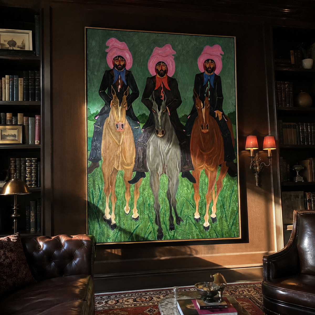 Three Riders Hold Formation displayed in a layered residential setting