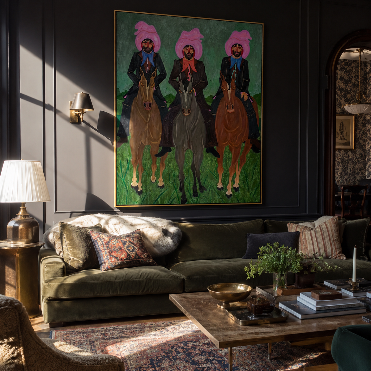 Three Riders Hold Formation styled with wood, linen, and modern decor