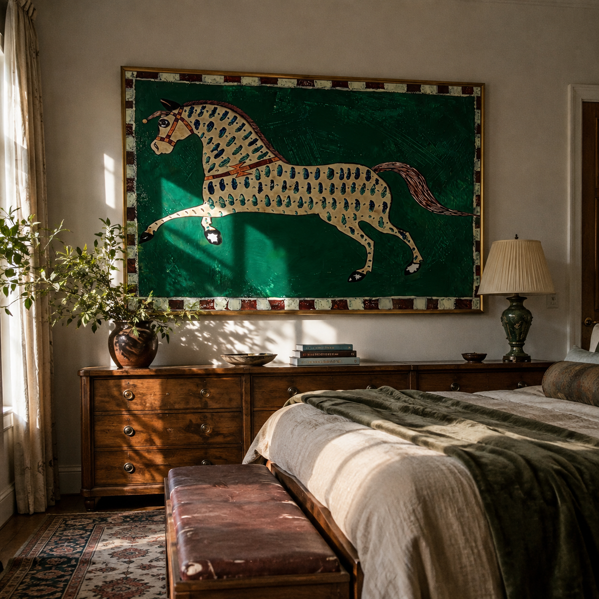 Emerald Spots Run Free displayed in a layered residential setting