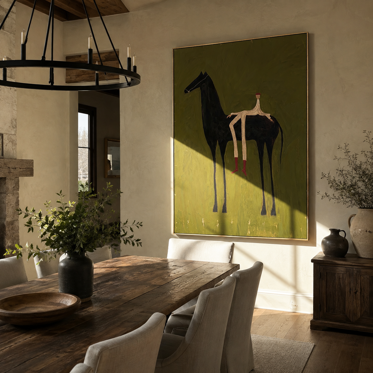 Long Legs Sit Olive displayed in a layered residential setting