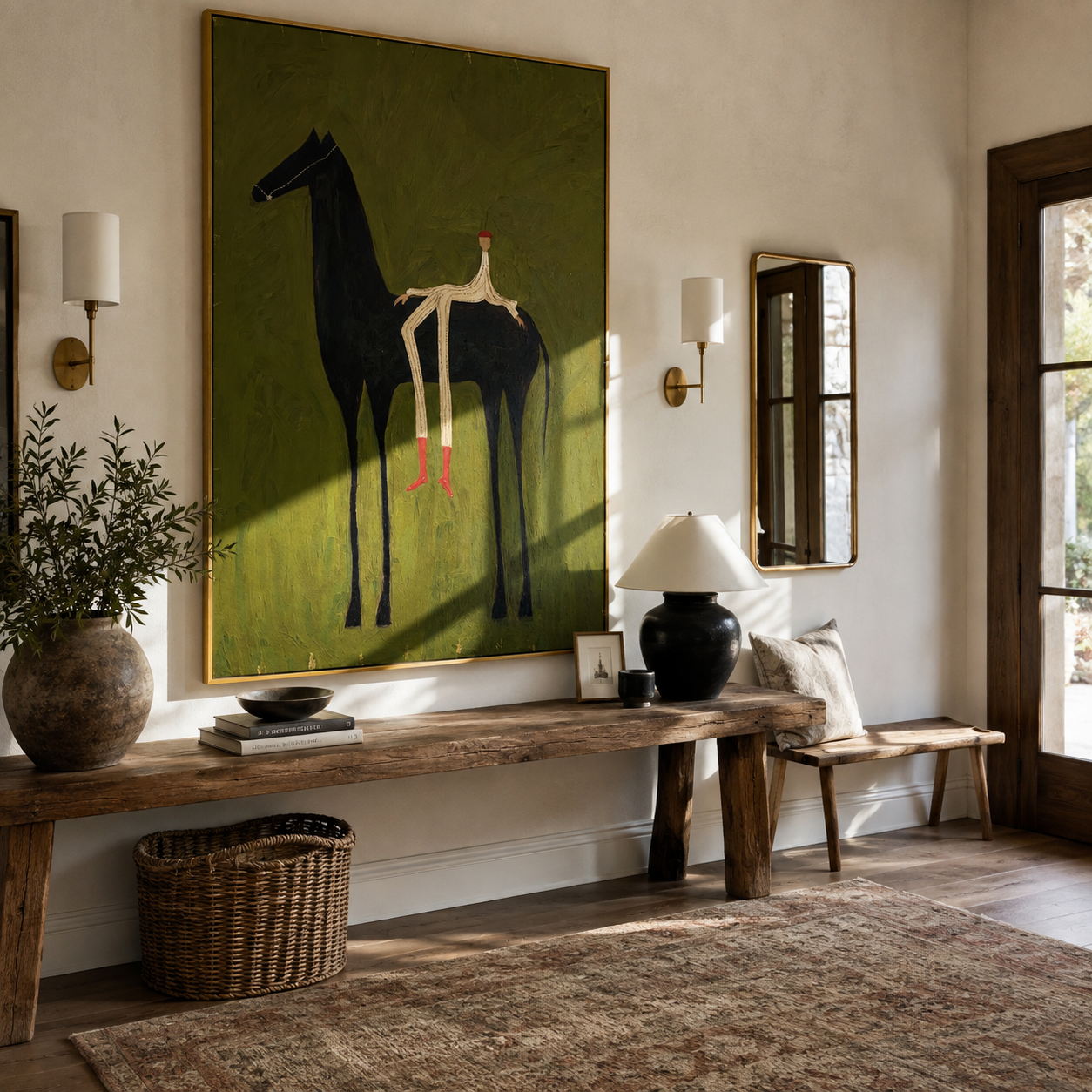 Long Legs Sit Olive styled with wood, linen, and modern decor