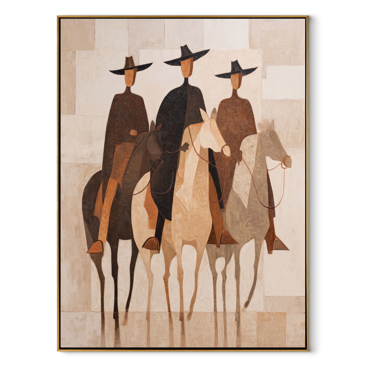 Three Hats Ride Pale equestrian horse painting, vertical canvas artwork