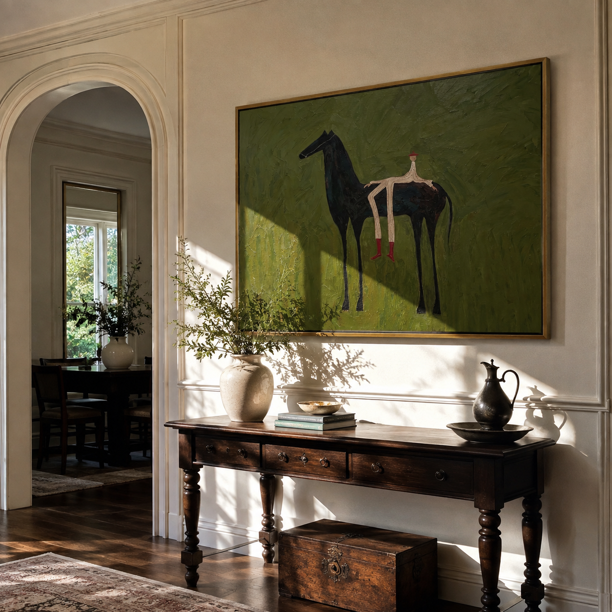Olive Field Stretches Wide displayed in a collected contemporary interior
