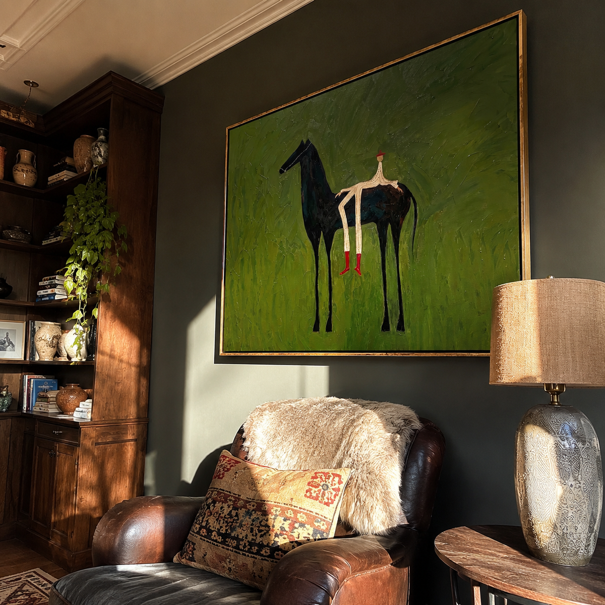 Olive Field Stretches Wide displayed in a layered residential setting