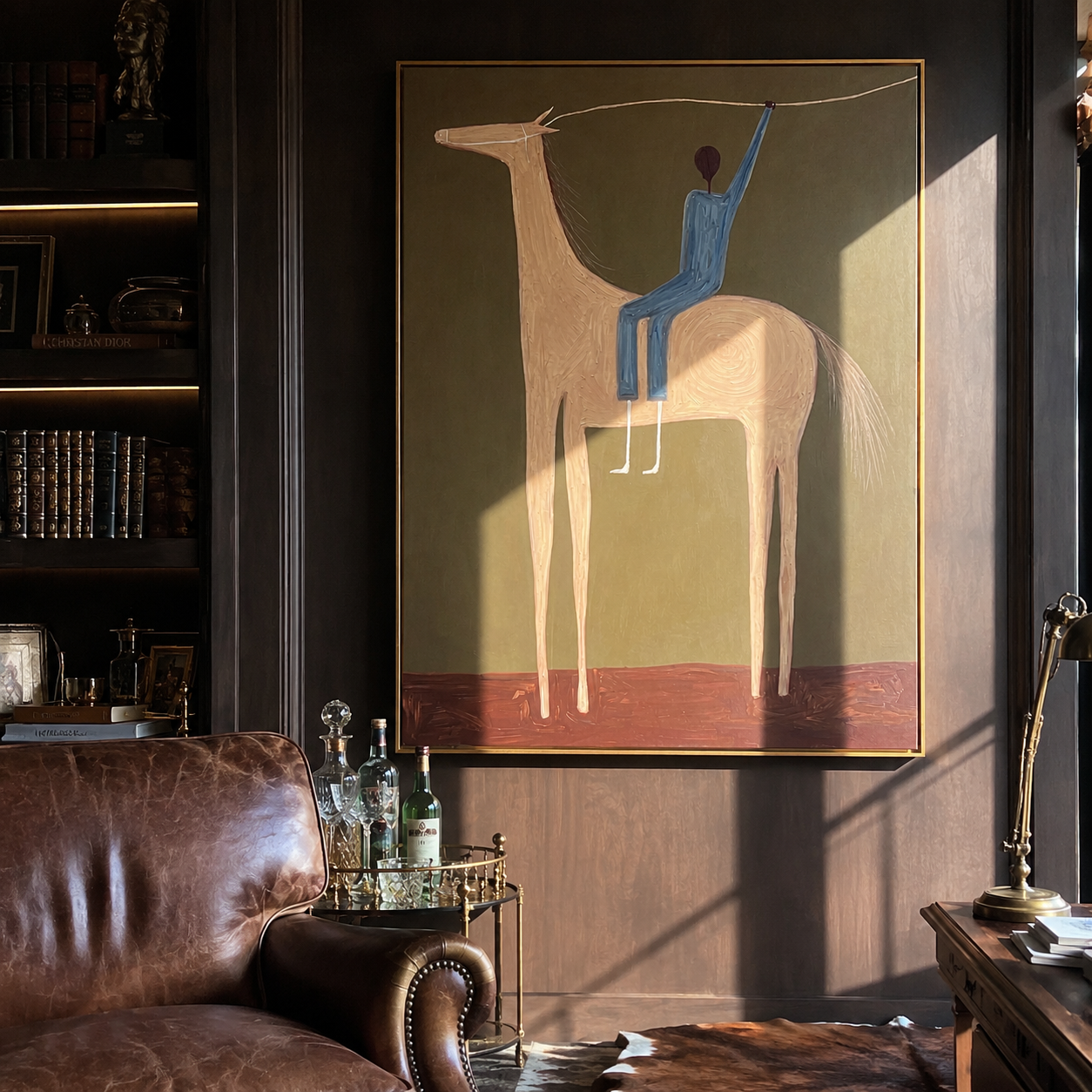 Raised Hand Greets Dusk displayed in a collected contemporary interior
