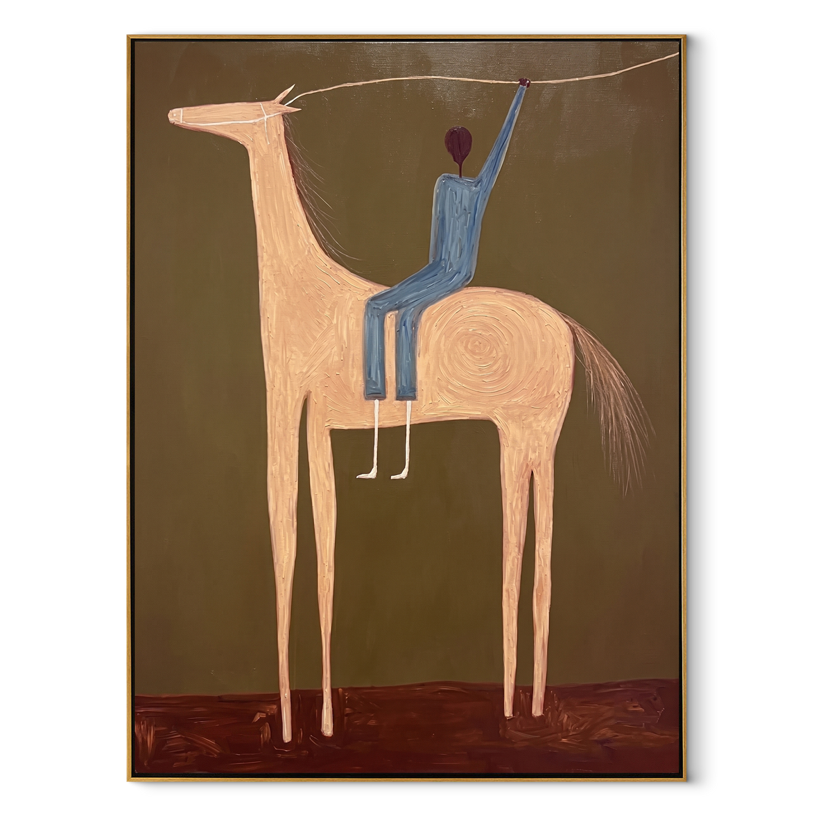 Raised Hand Greets Dusk equestrian horse painting, vertical canvas artwork