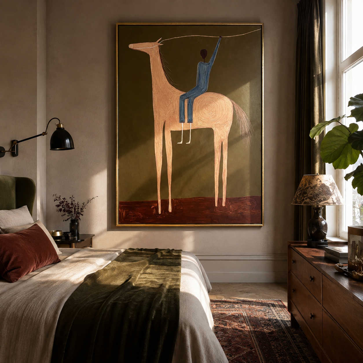 Raised Hand Greets Dusk presented as a colorful interior focal point