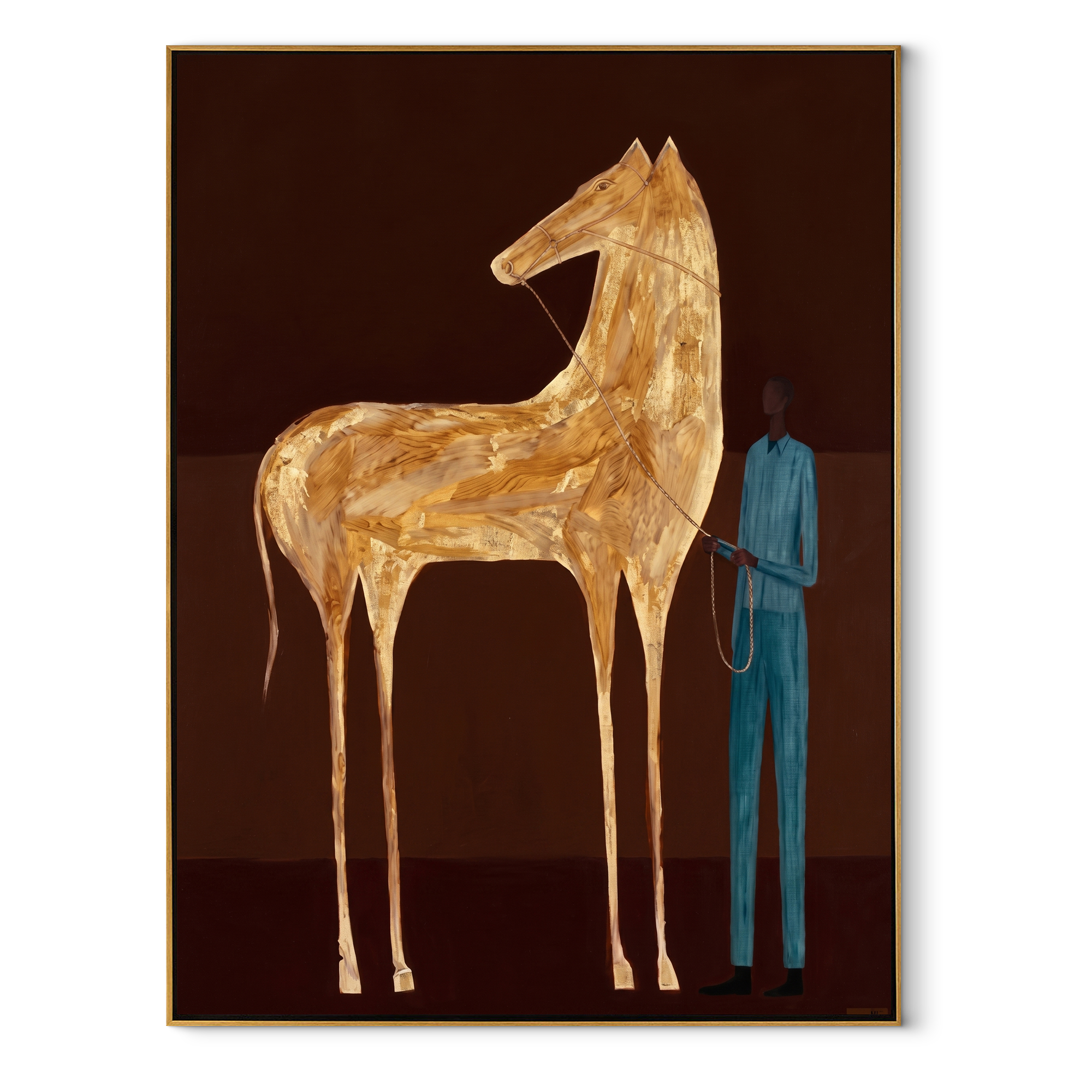 Gold Horse Waits equestrian horse painting, vertical canvas artwork