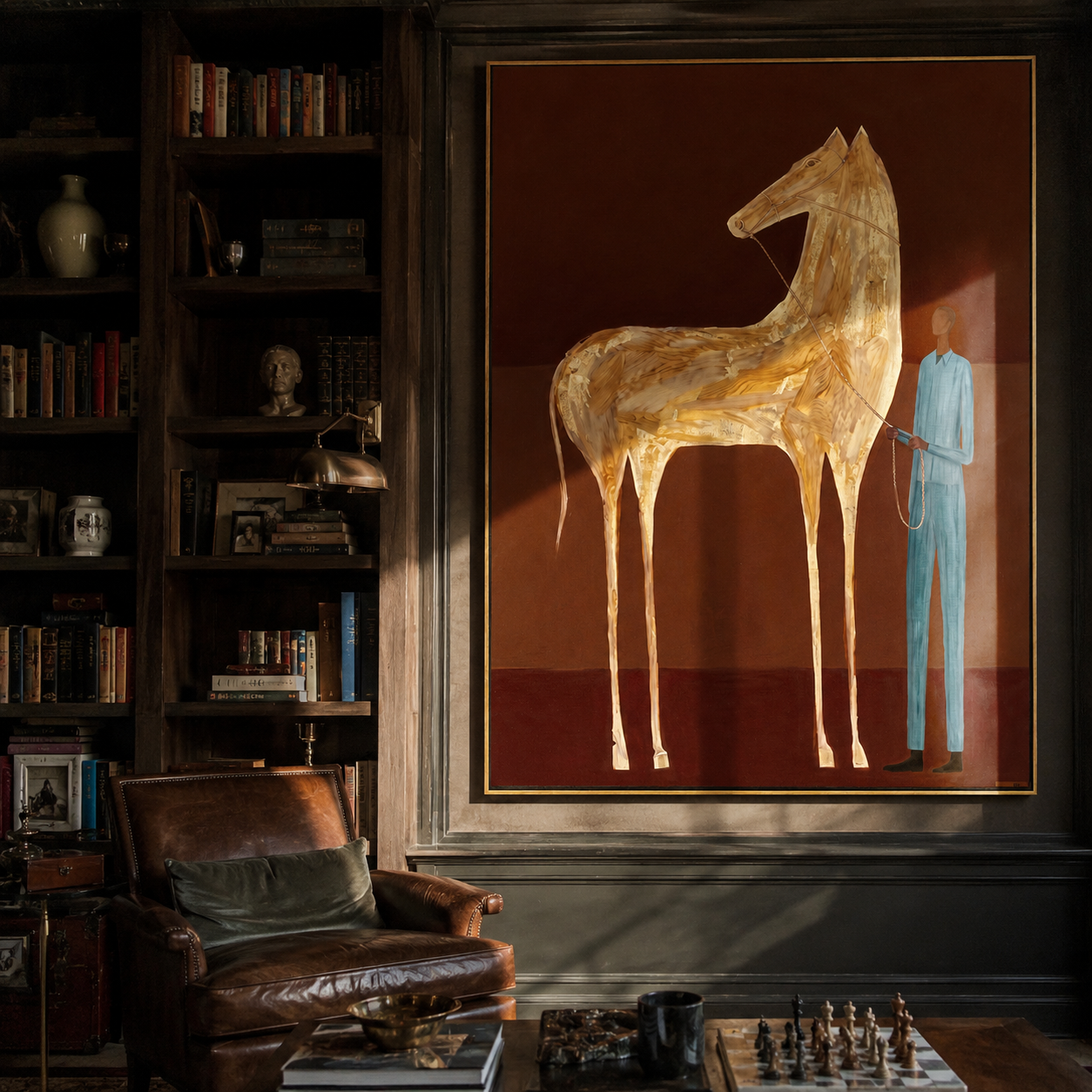 Gold Horse Waits displayed in a layered residential setting