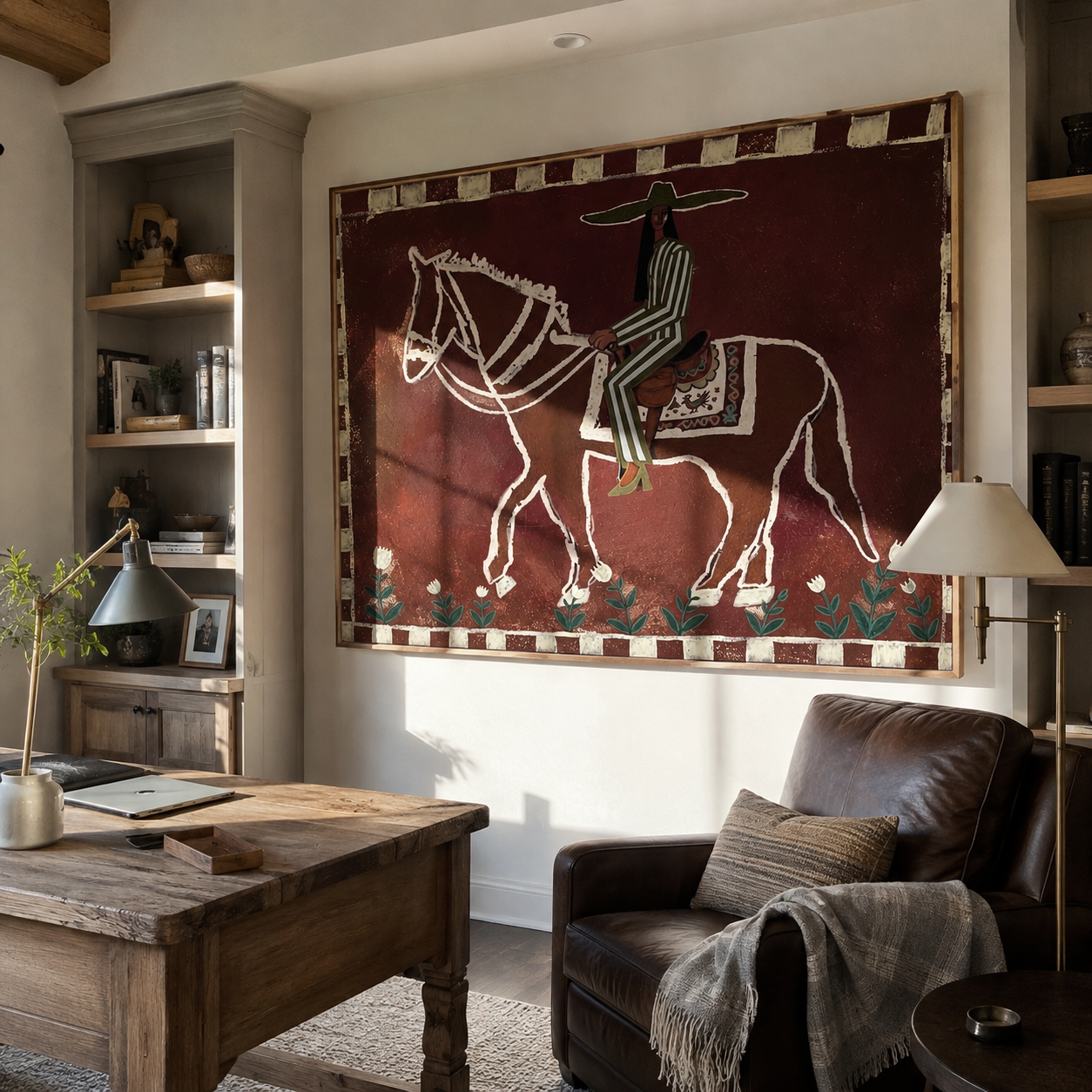 Burgundy Bones Keep Time styled with warm modern furnishings
