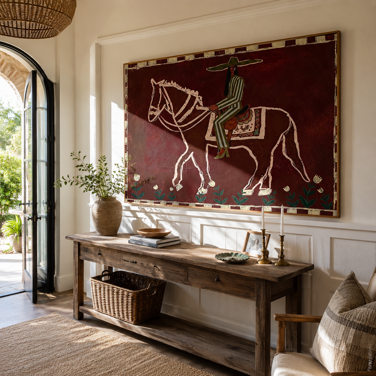 Burgundy Bones Keep Time styled with wood, linen, and modern decor