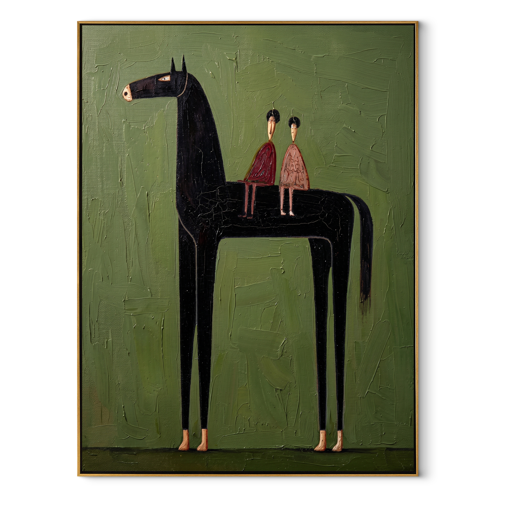 Two Riders Share Silence equestrian horse painting, vertical canvas artwork