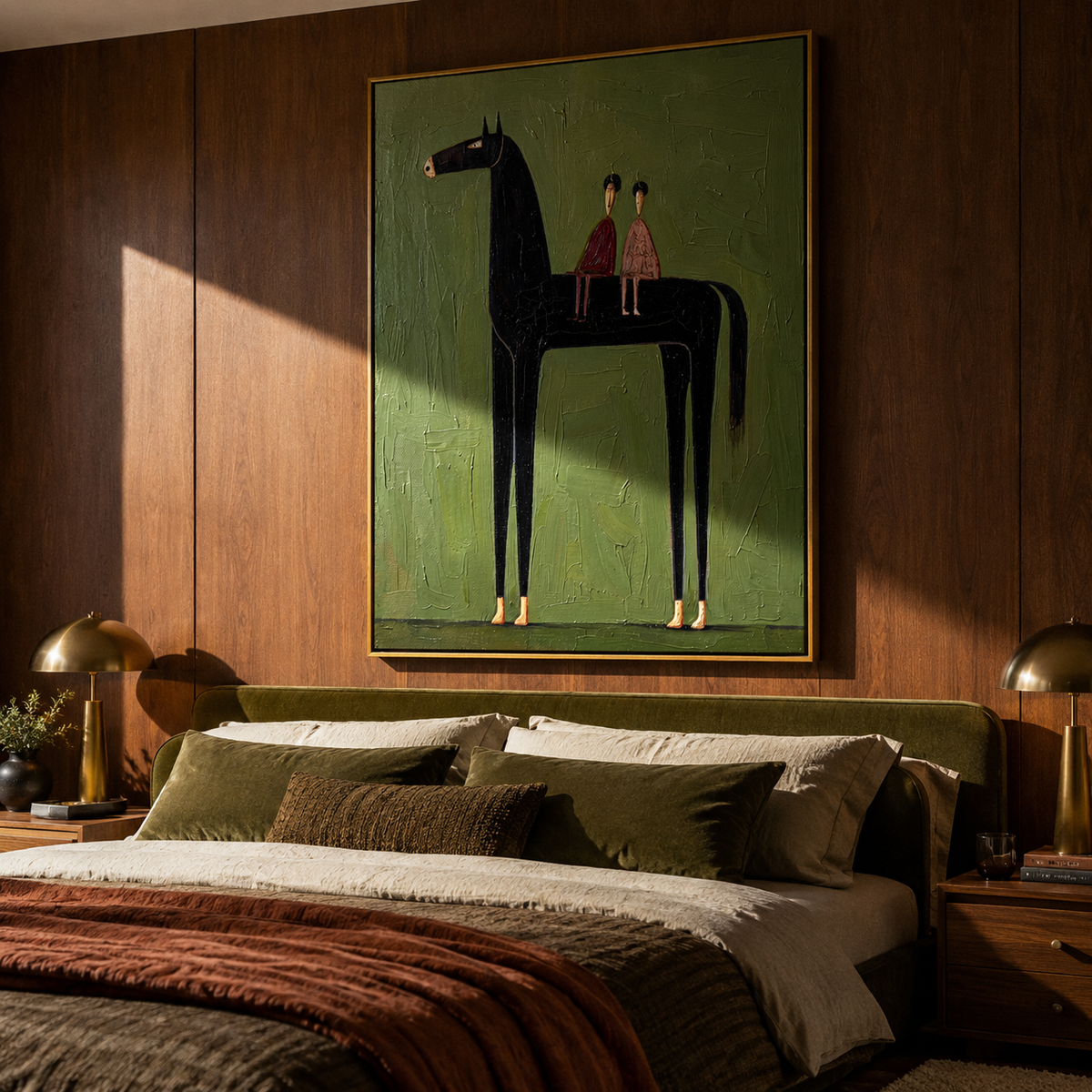 Two Riders Share Silence displayed in a layered residential setting