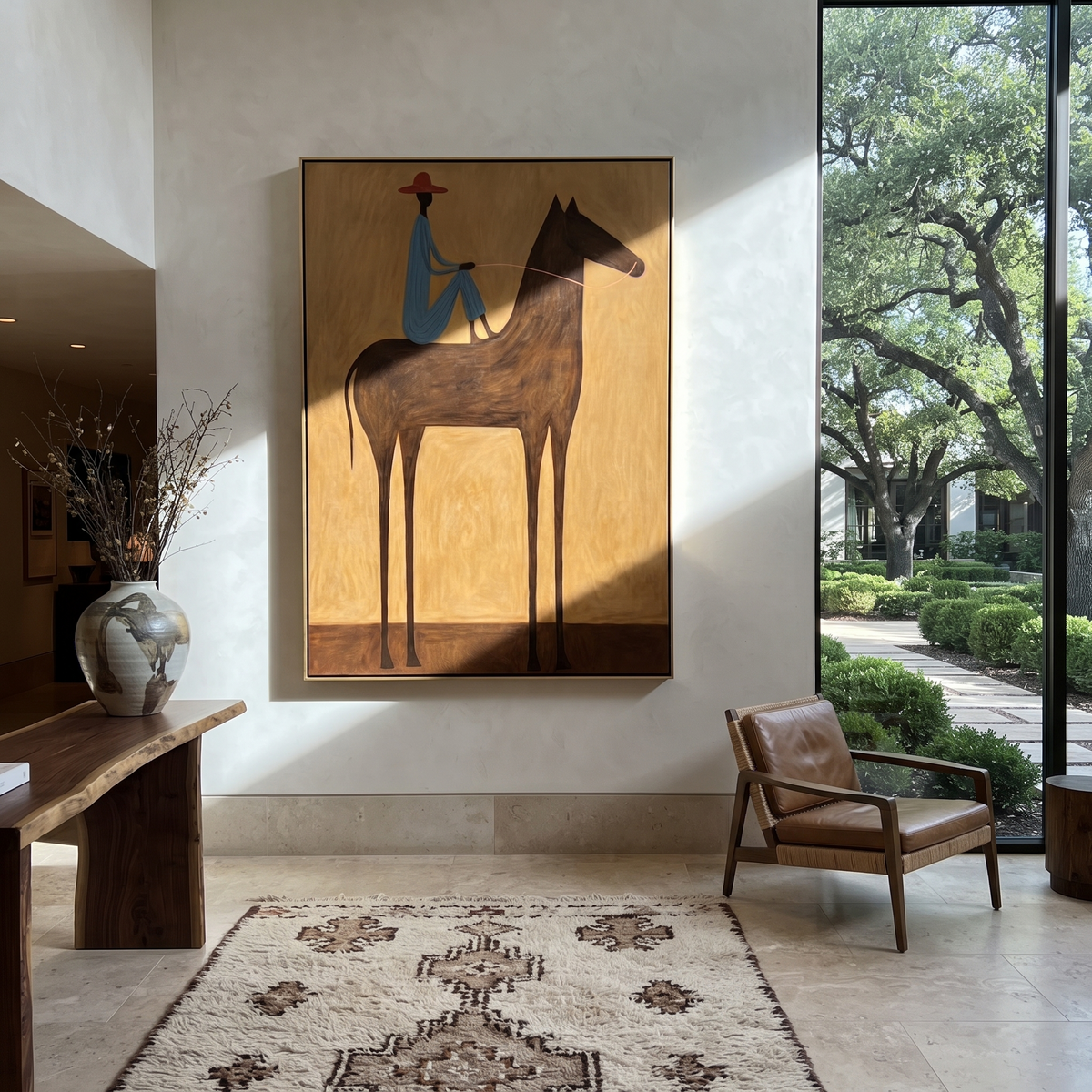 Blue Rider Crosses Ochre displayed in a collected contemporary interior