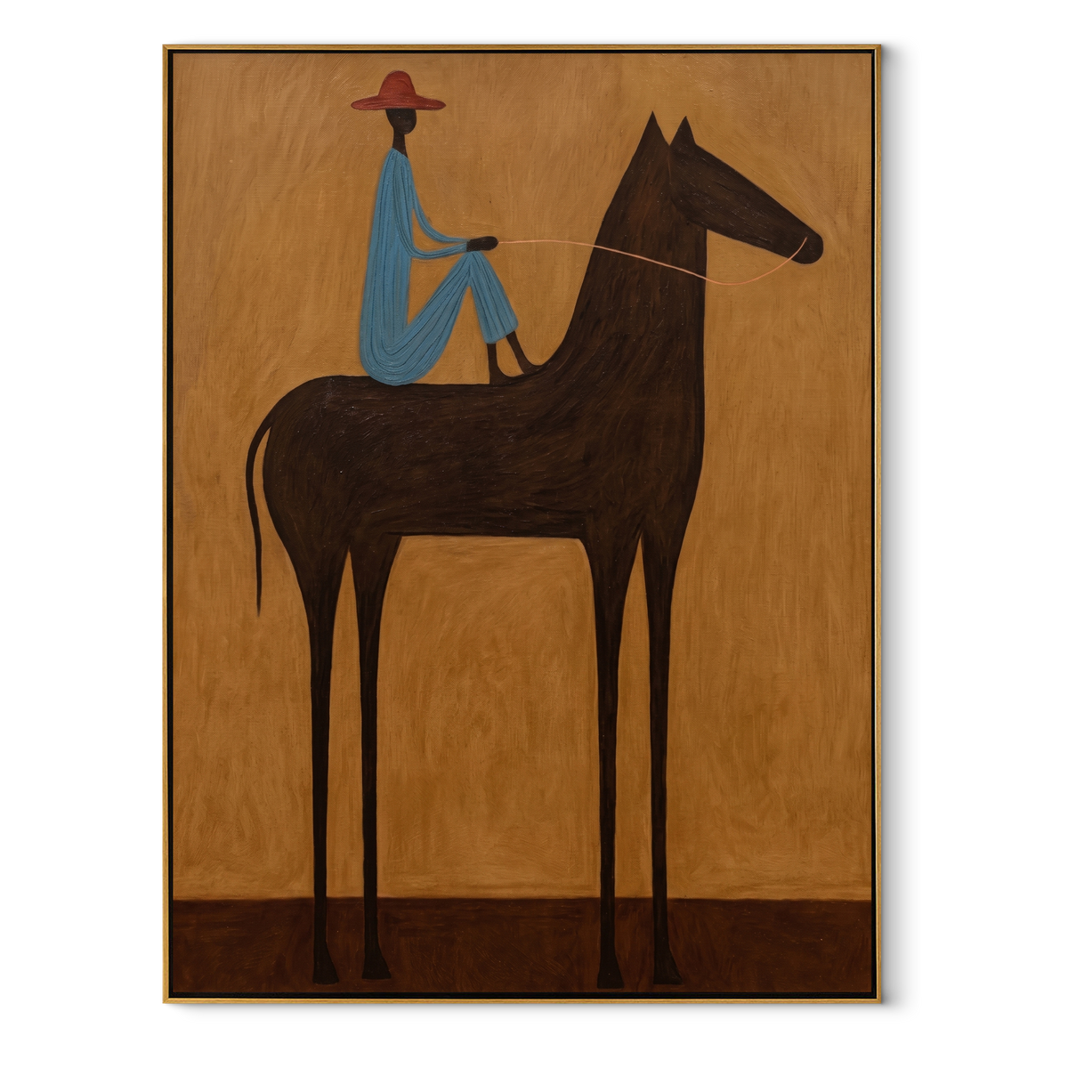Blue Rider Crosses Ochre equestrian horse painting, vertical canvas artwork
