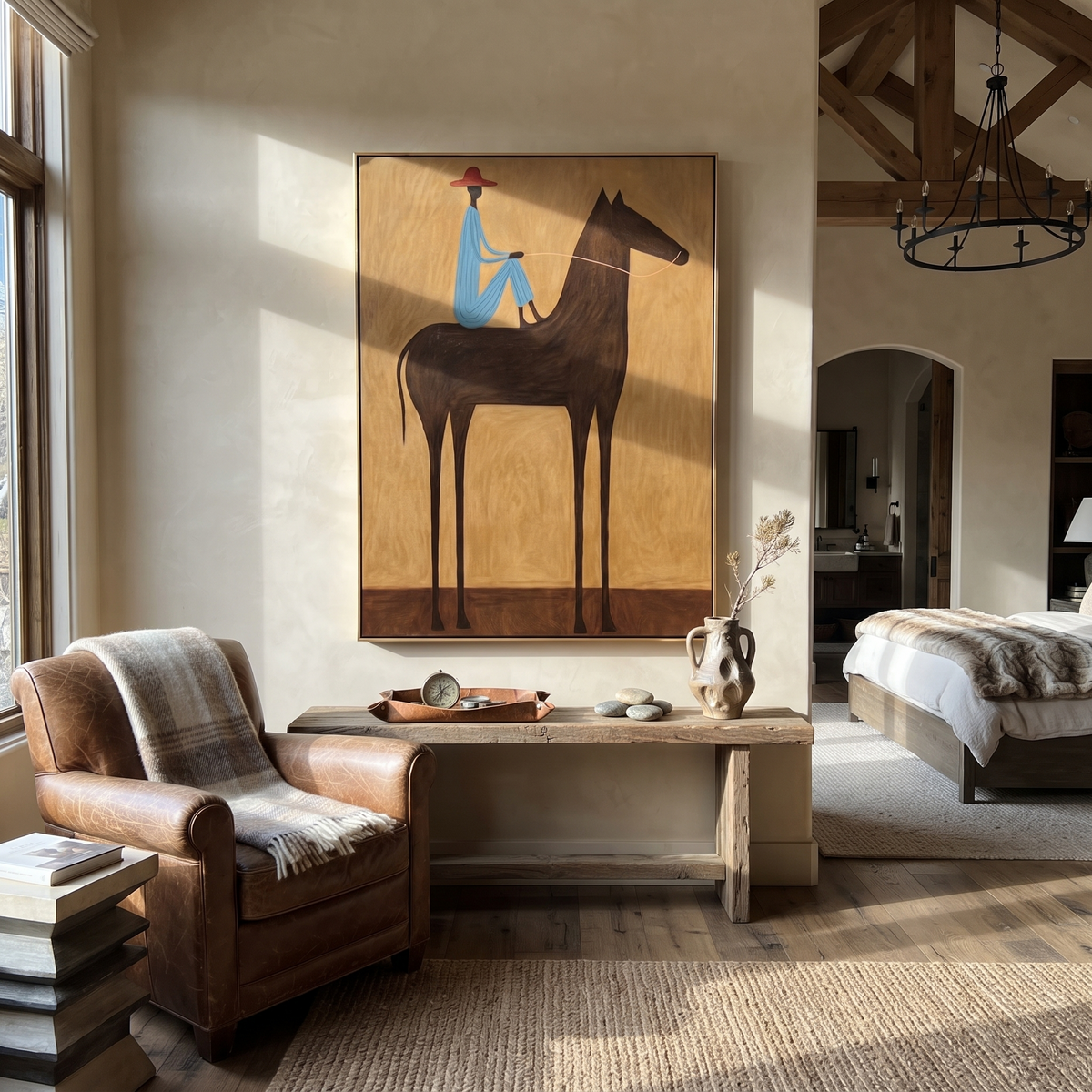 Blue Rider Crosses Ochre styled with wood, linen, and modern decor