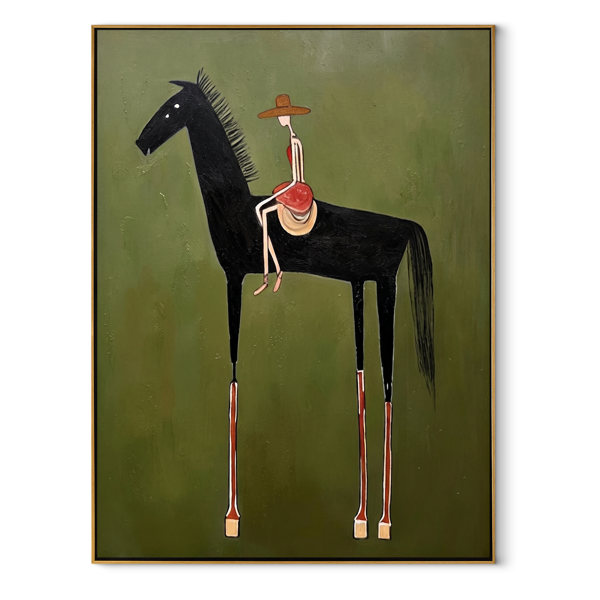 Red Hat Rides Midnight equestrian horse painting, vertical canvas artwork