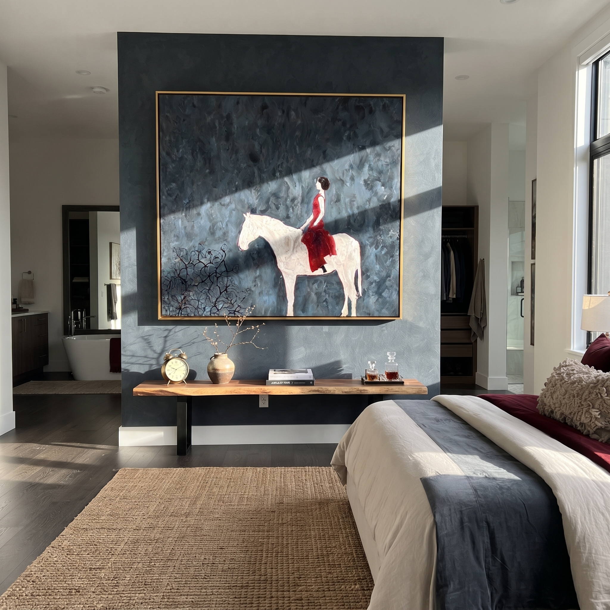 Scarlet Rider Meets Snow displayed in a collected contemporary interior