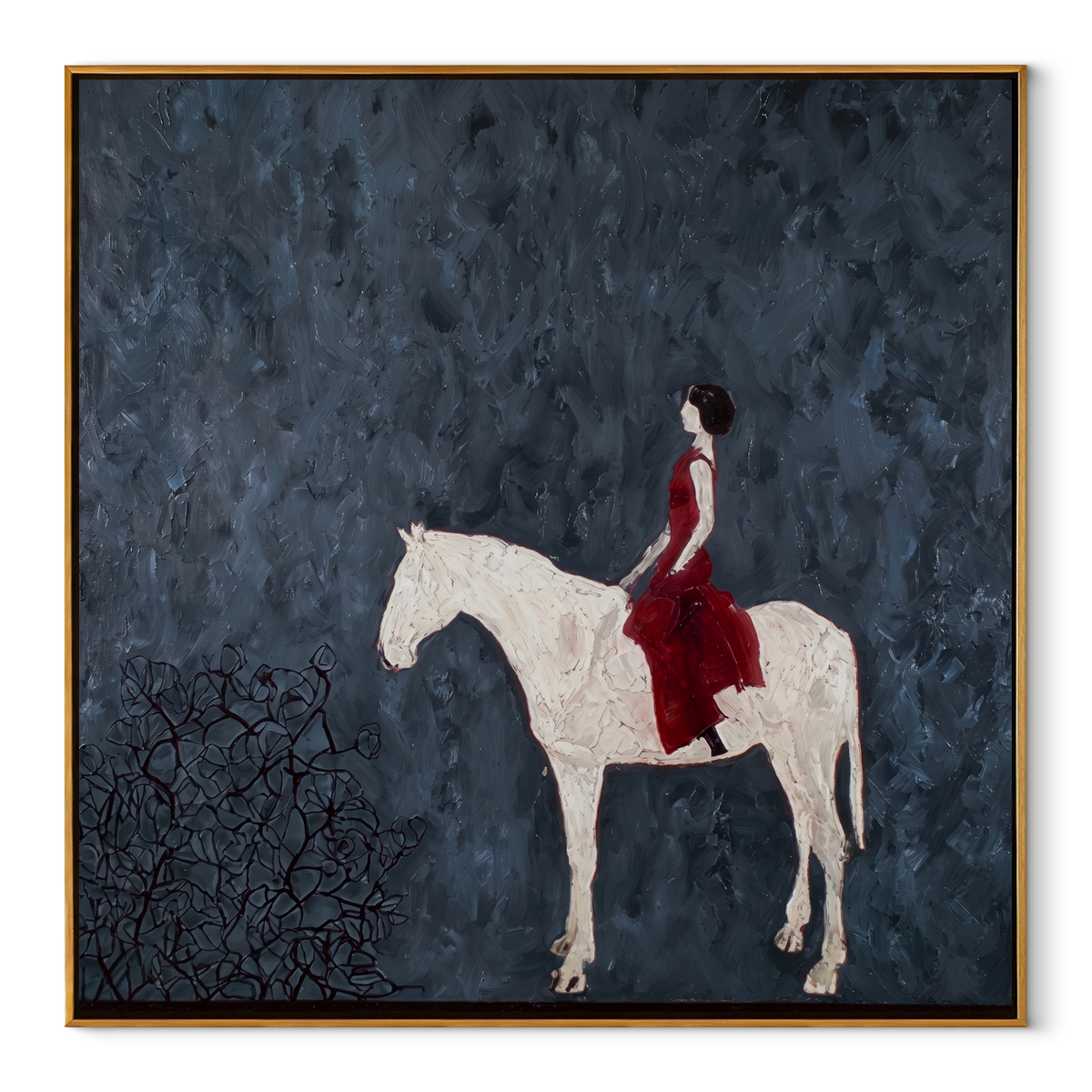 Scarlet Rider Meets Snow equestrian horse painting, square canvas artwork