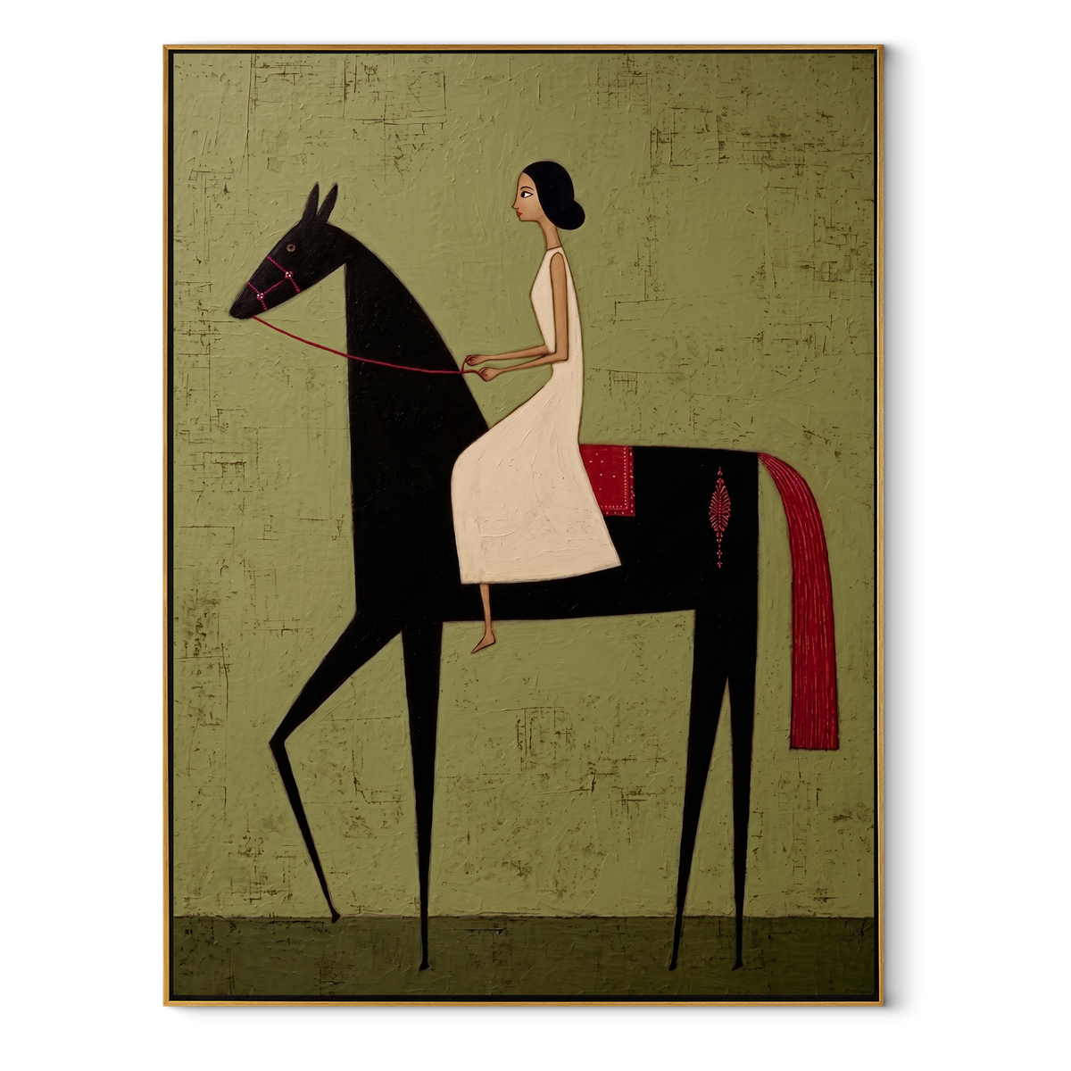 Ivory Dress Rides Night equestrian horse painting, vertical canvas artwork