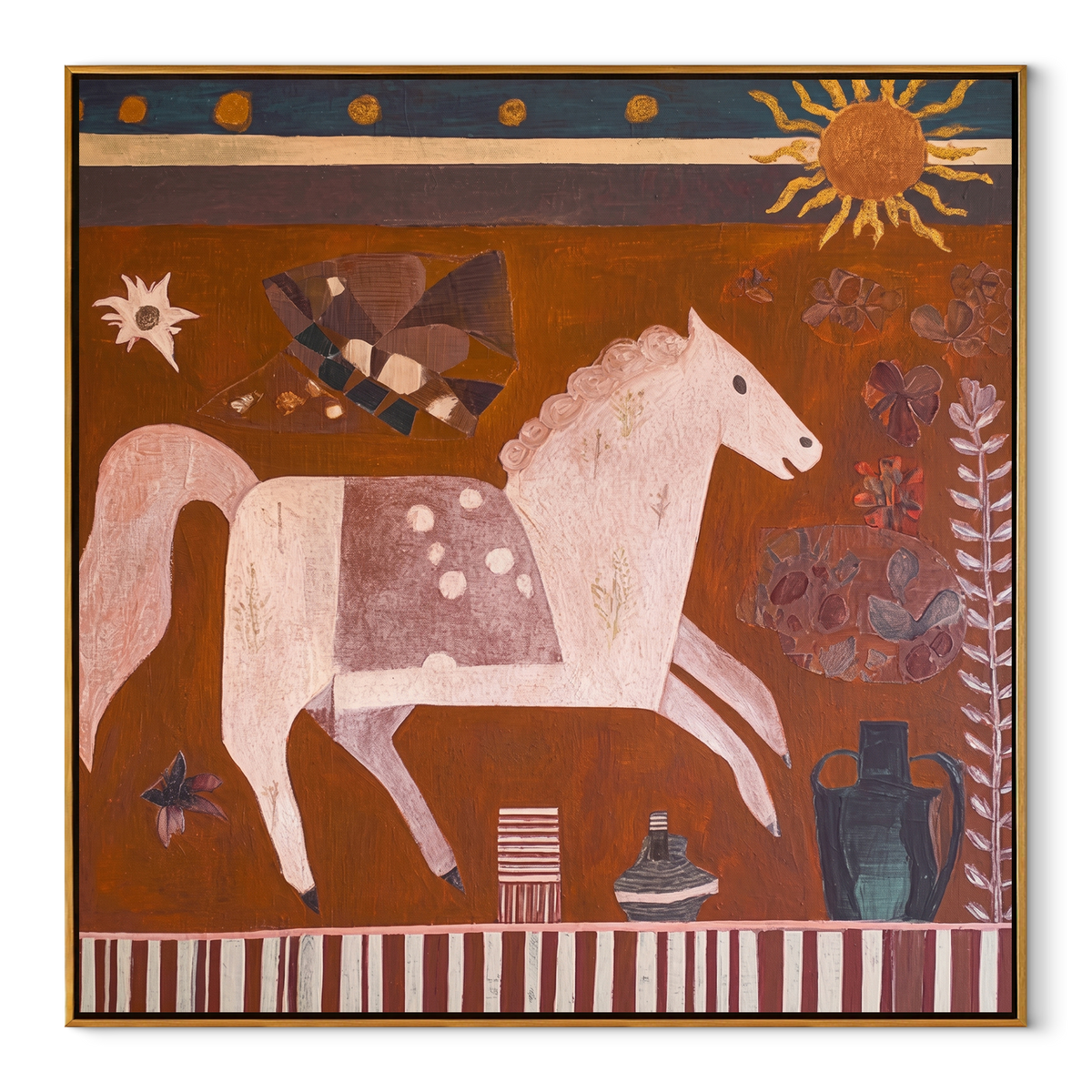 Sun Watches Painted Horses equestrian horse painting, square canvas artwork