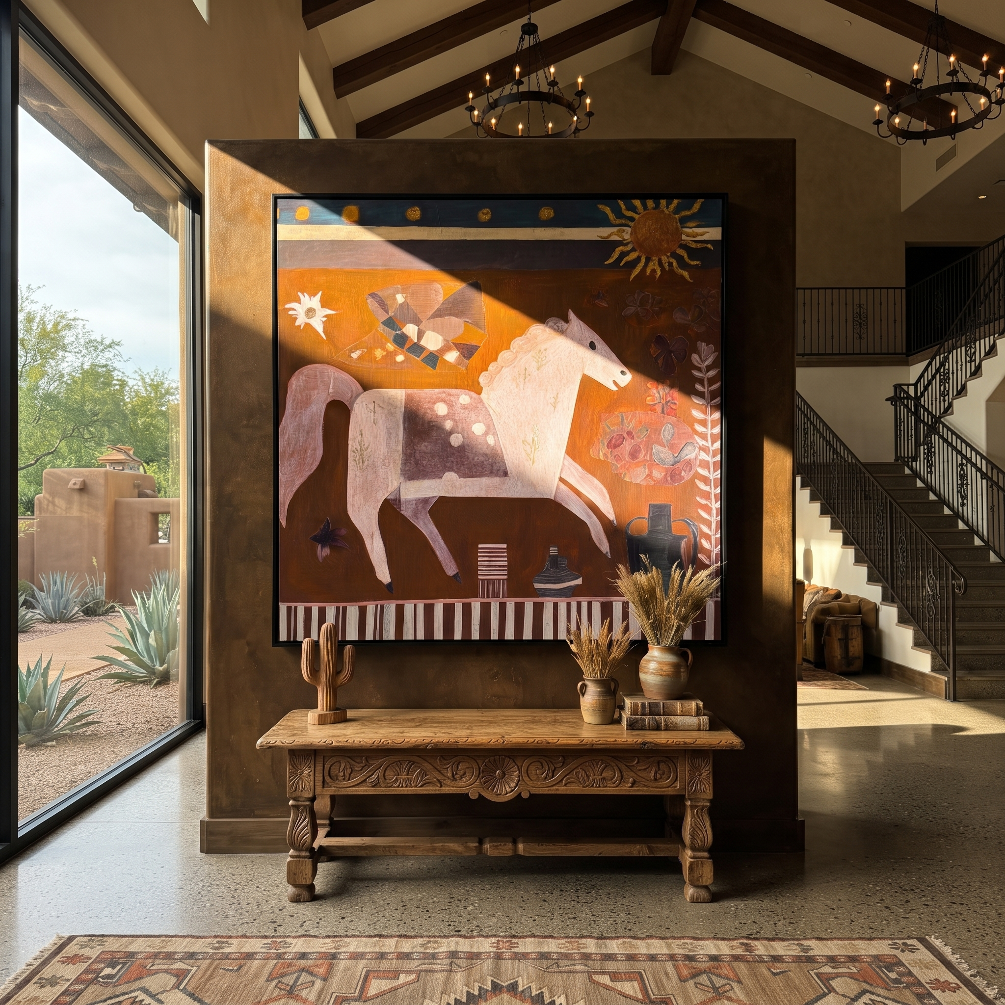 Sun Watches Painted Horses displayed in a layered residential setting