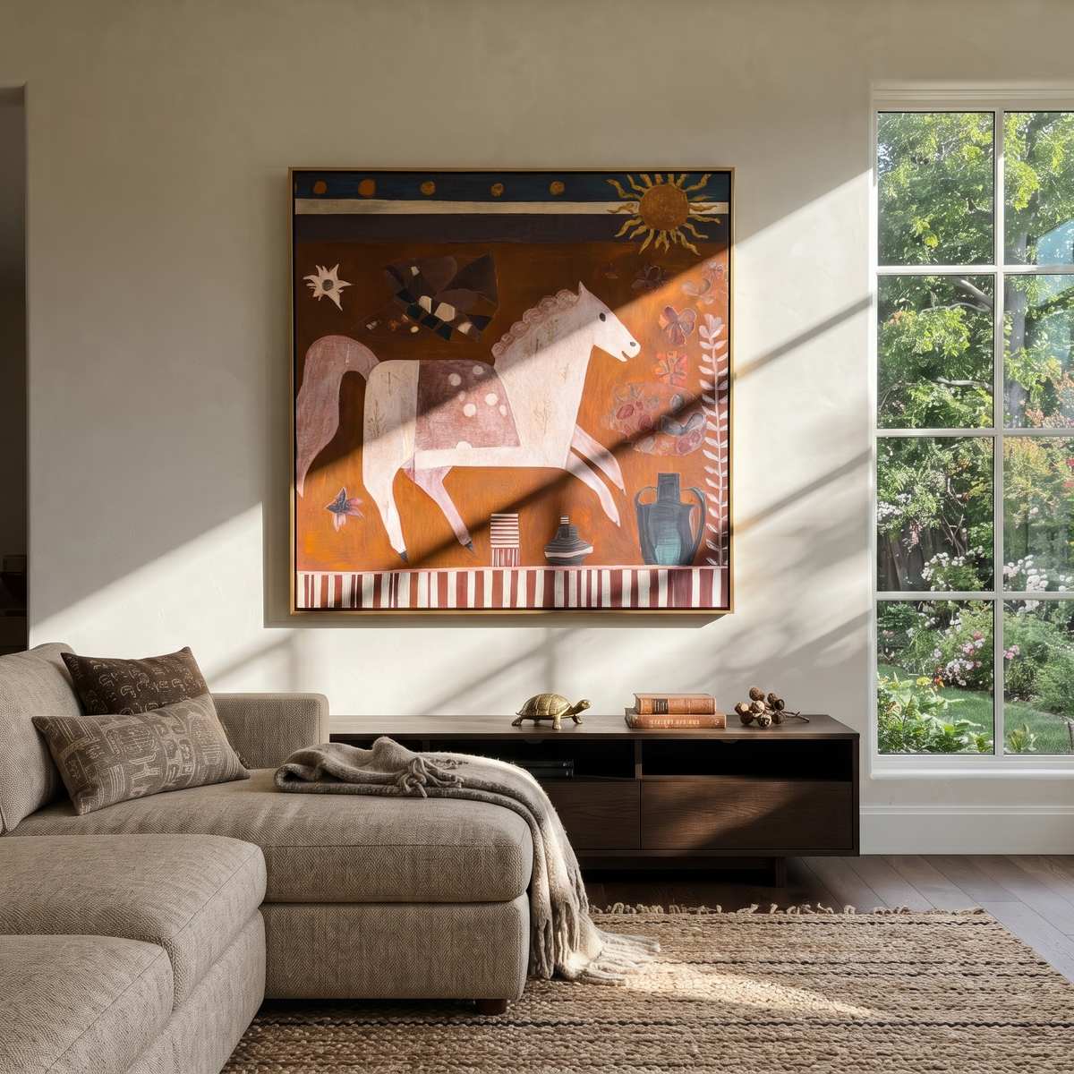 Sun Watches Painted Horses styled with wood, linen, and modern decor