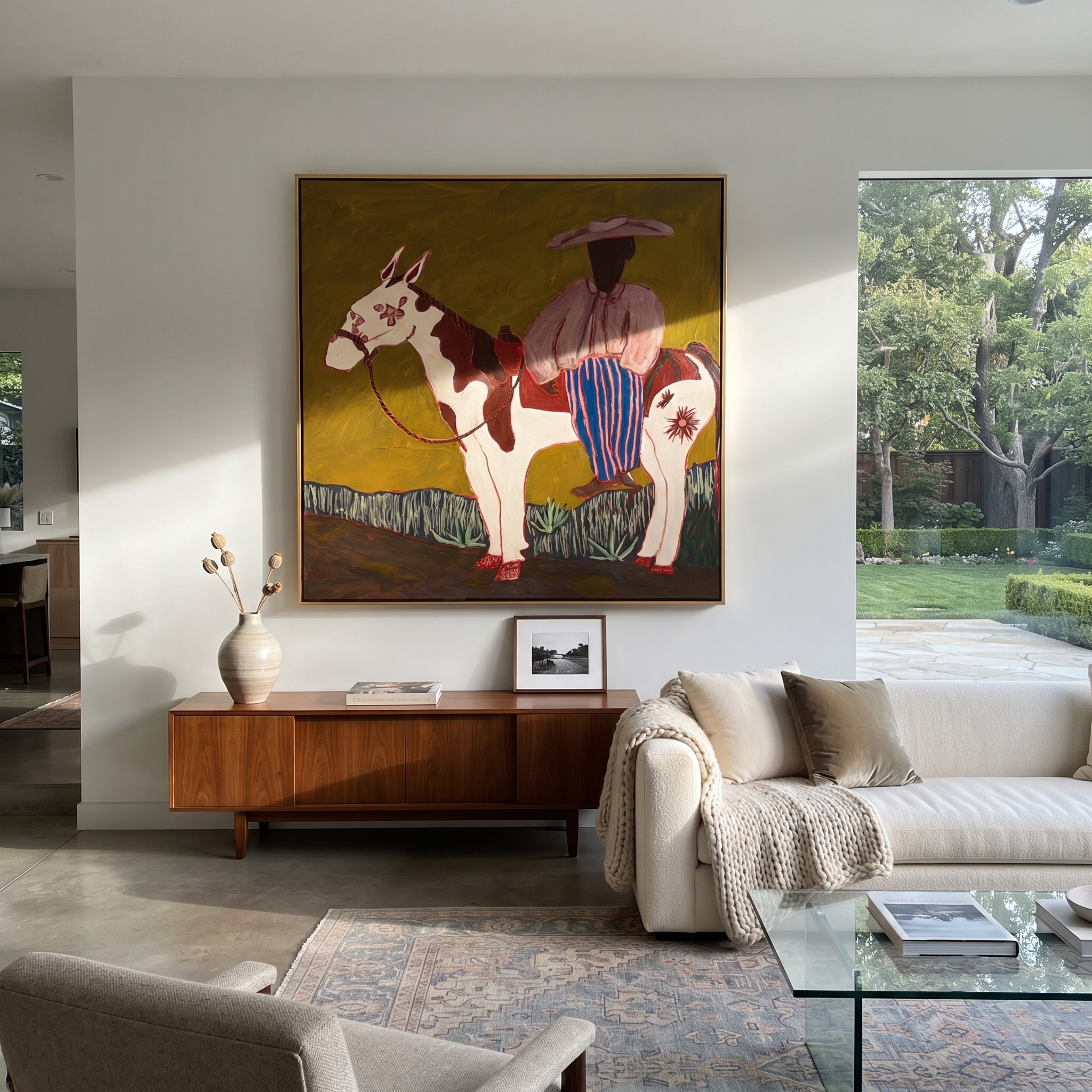Lavender Rider Meets Pinto displayed in a collected contemporary interior
