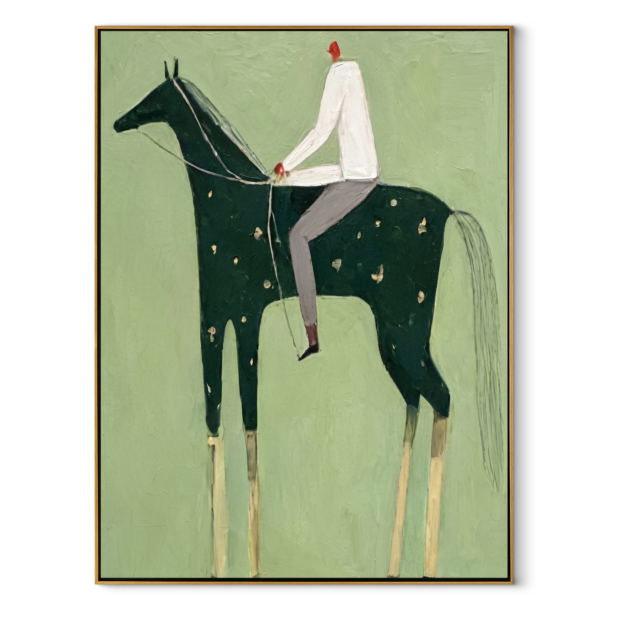 White Shirt Guides Spots equestrian horse painting, vertical canvas artwork