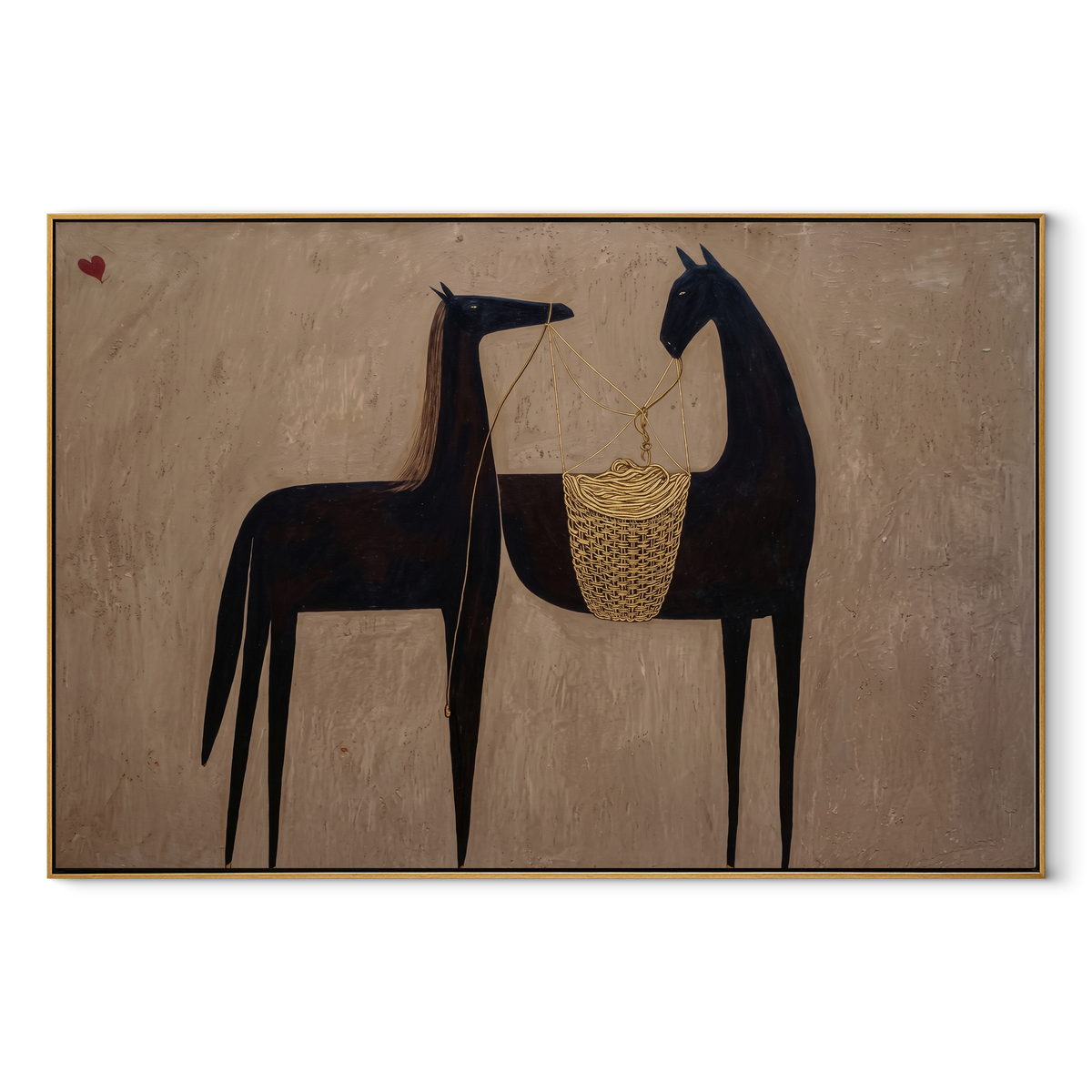 Two Black Horses Confer equestrian horse painting, horizontal canvas artwork
