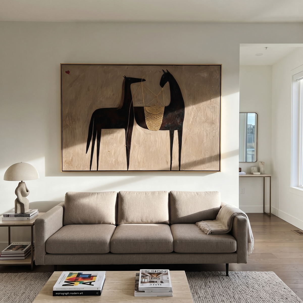 Two Black Horses Confer presented as a colorful interior focal point