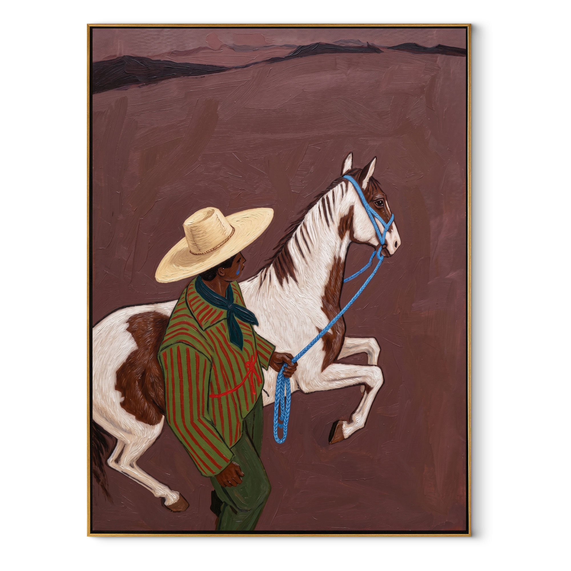 Striped Cowboy Calms Pinto equestrian horse painting, vertical canvas artwork