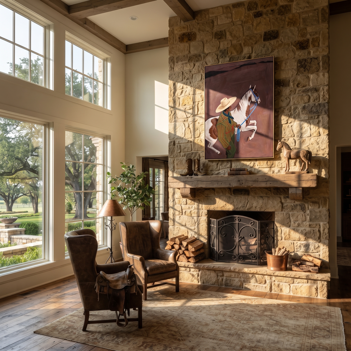 Striped Cowboy Calms Pinto styled with warm modern furnishings