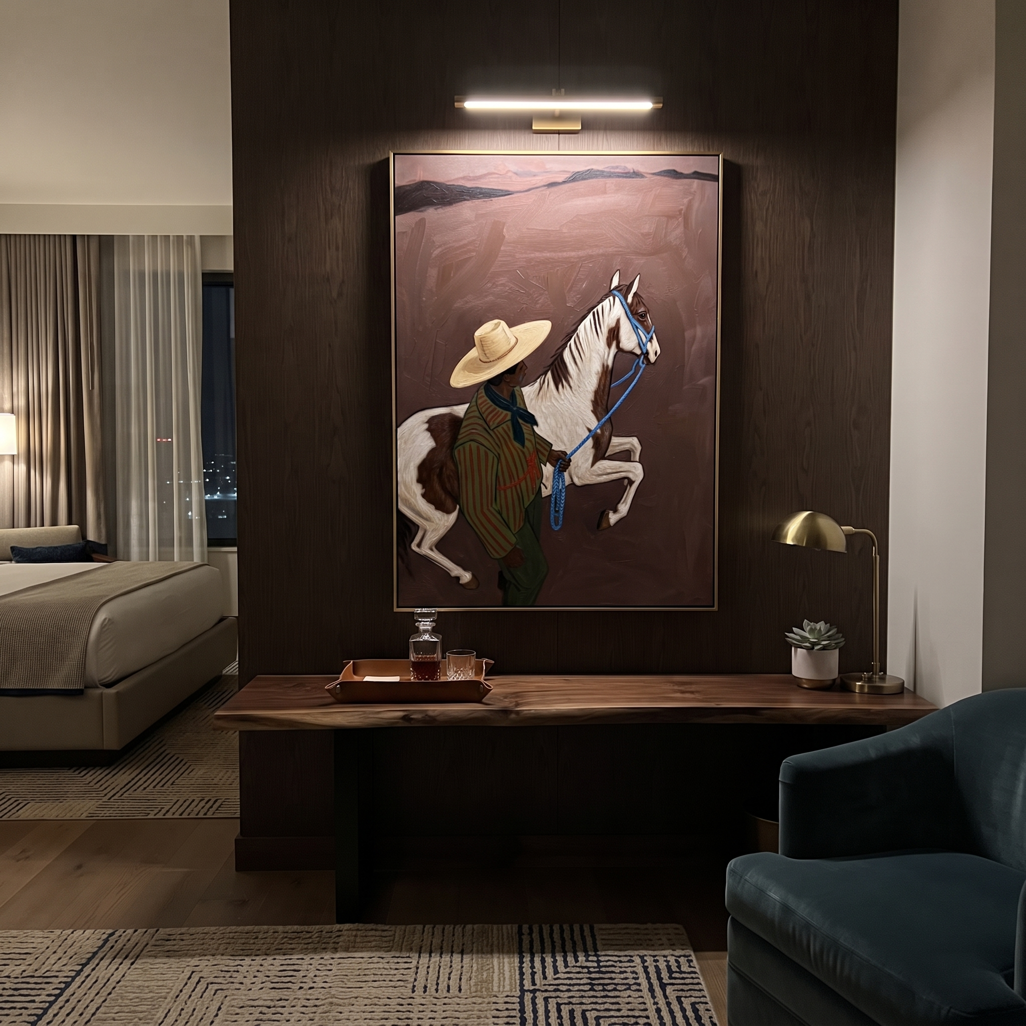 Striped Cowboy Calms Pinto displayed in a layered residential setting
